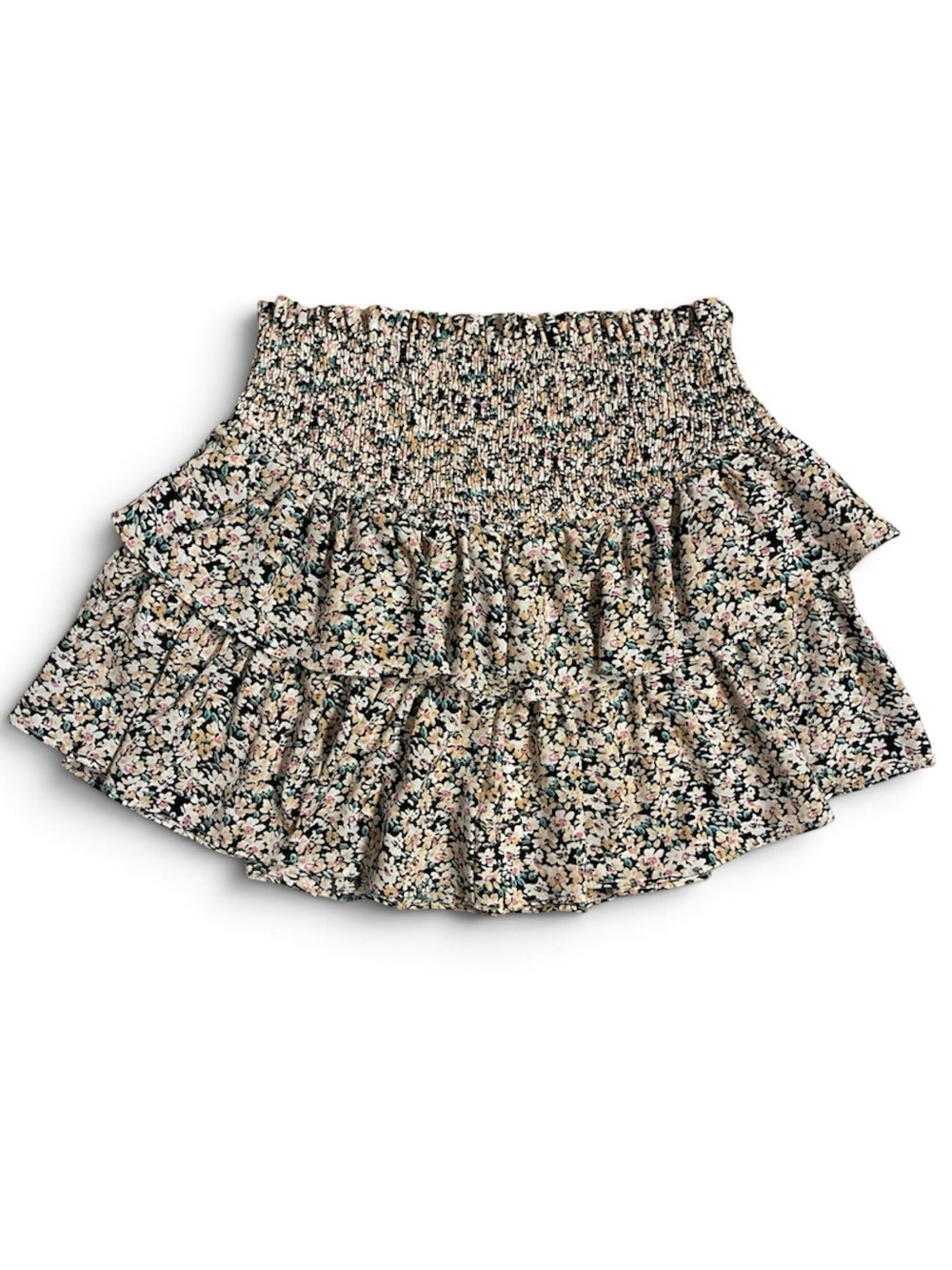 eesome Smocked Mini Skort Skirt with Shorts Liner Black Yellow Pink Floral Small